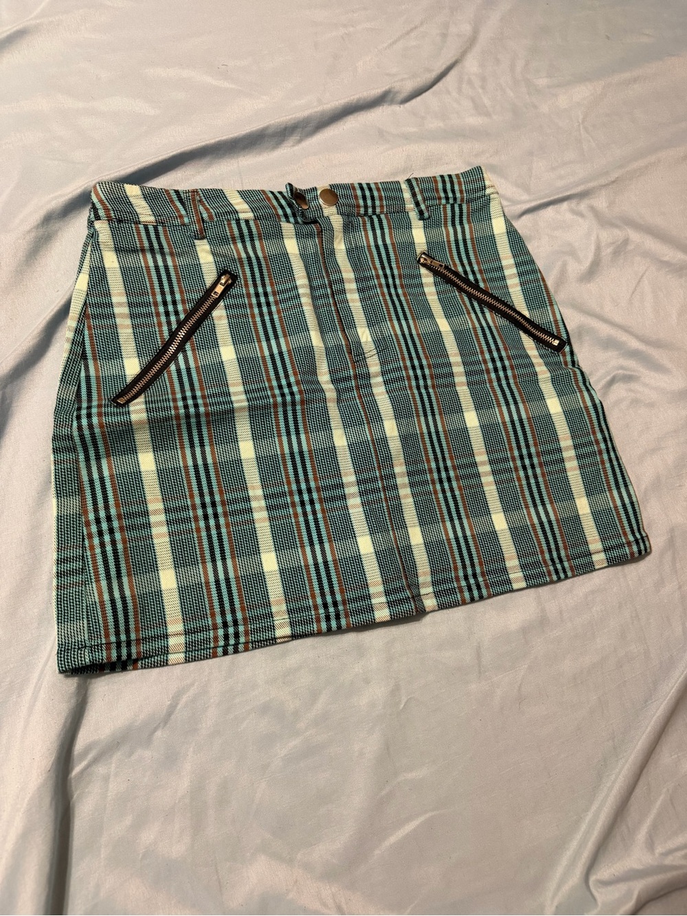 Forever 21 Teal Plaid Mini Skirt with Zip Pockets